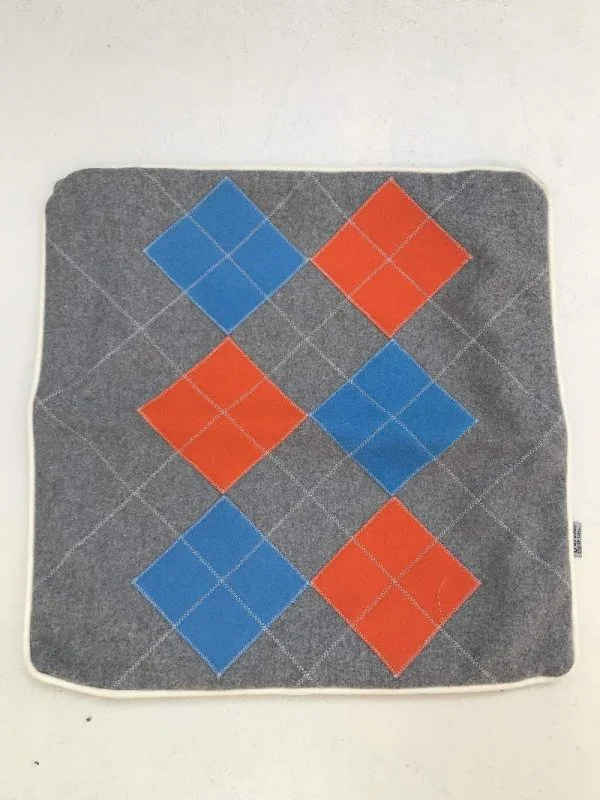 Fairway Cushion - grey with blue & orange diamonds