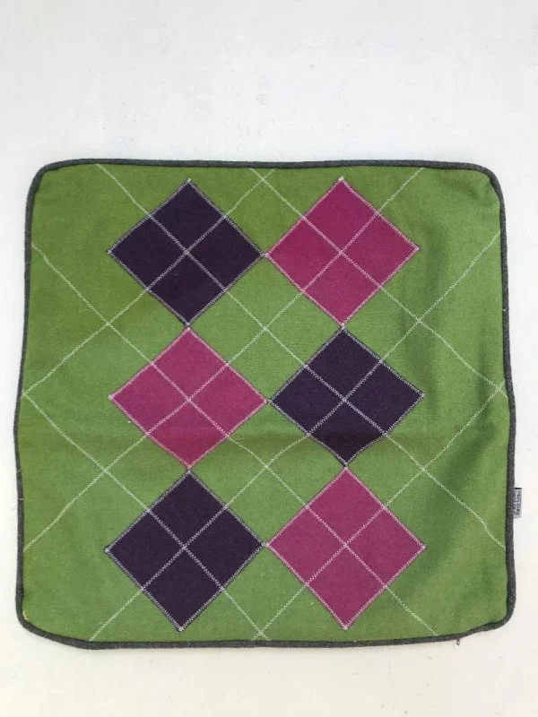 Fairway Cushion - green with purple & heather diamonds